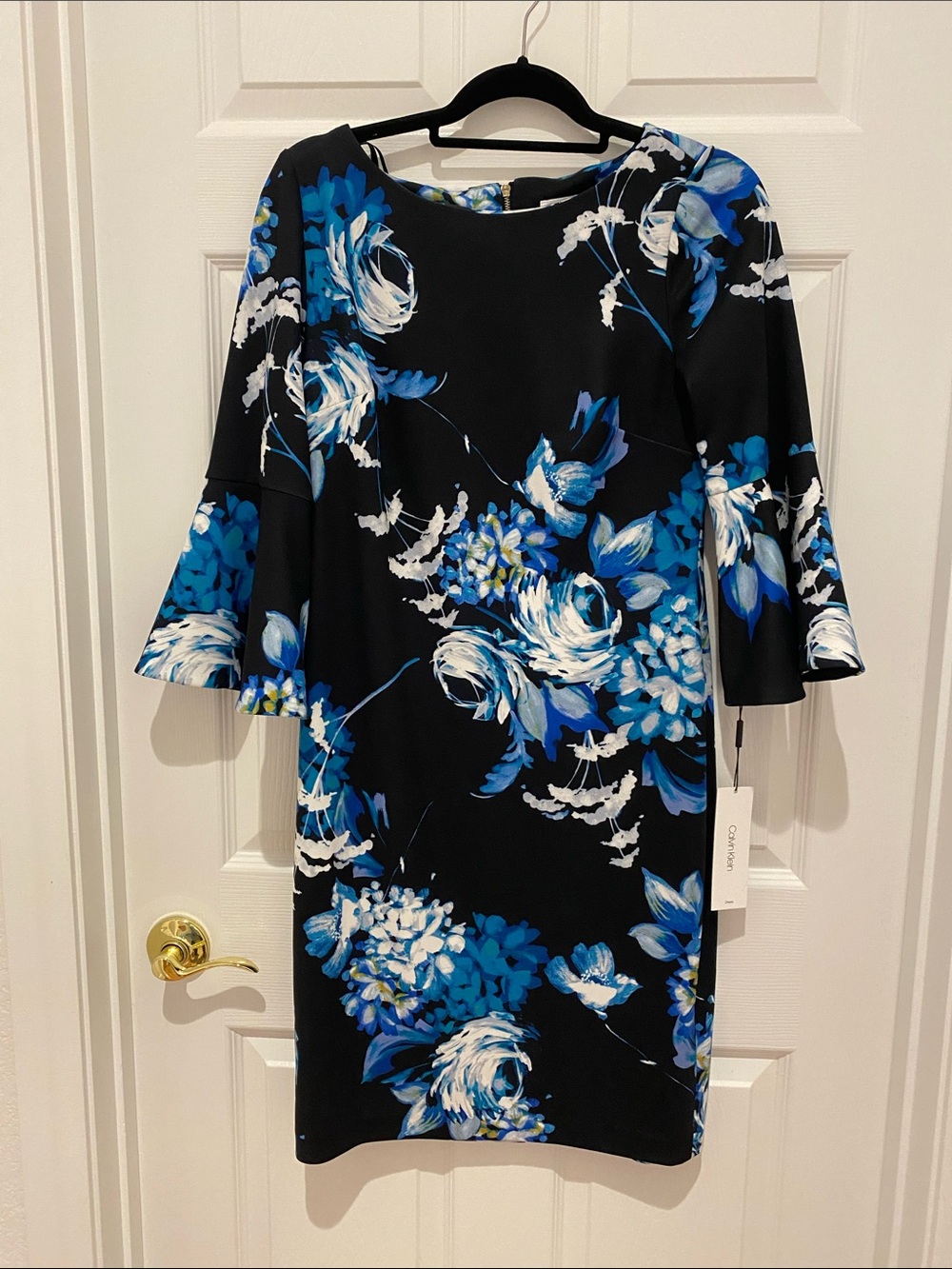 Calvin Klein Black Midi Dress with Blue & White Floral Print
